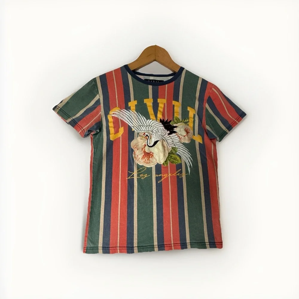 Civil Regime Stripe T-Shirt Bird Crane Roses LA Floral Los Angelas Cotton‎ Small